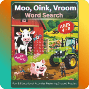 "Moo, Oink, Vroom Word Search – Farm-themed kids puzzle book with cows, pigs, and tractors, 60 shaped word searches for ages 4–8."