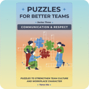 Front cover of “Puzzles for Better Teams: Communication and Respect – Series 3.” Features bold typography with puzzle motifs, designed for teamwork and communication activities.